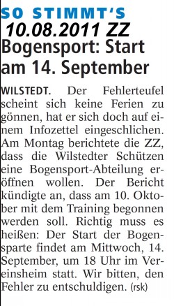 Bericht aus der Zevener Zeitung zum Bogenschie&szlig;en beim WSV